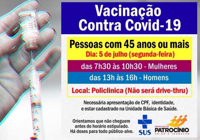 PÚBLICO ALVO DE 45 ANOS SERÁ VACINADO NA SEGUNDA-FEIRA (05)