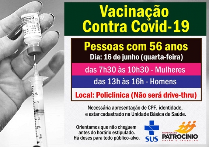 SAÚDE VACINA NESTA QUARTA (16) PESSOAS COM 56 ANOS SEM COMORBIDADES