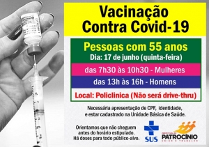 QUINTA (17) É DIA DE VACINAÇÃO DE PESSOAS COM 55 ANOS SEM COMORBIDADES