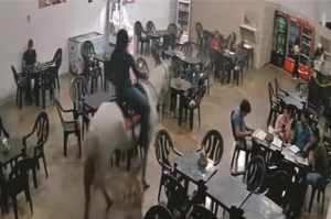 POCOTÓ, POCOTÓ: MULHER ENTRA A CAVALO EM PIZZARIA E IMAGEM VIRALIZA; VEJA