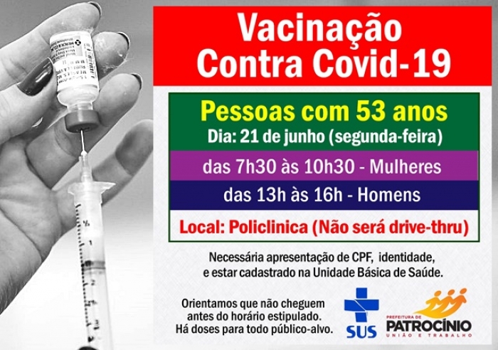 VACINAÇÃO DE PESSOAS COM 53 ANOS SEM COMORBIDADES SERÁ NA SEGUNDA (21)