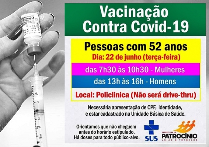 PESSOAS COM 52 ANOS SEM COMORBIDADES SERÃO VACINADAS NESTA TERÇA (22)