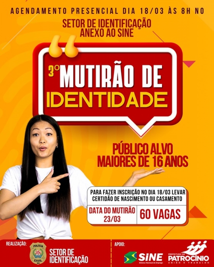 3º MUTIRÃO DE CONFECÇÃO DE IDENTIDADE SERÁ DIA 23 DE MARÇO; VEJA DETALHES