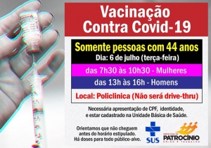 PÚBLICO ALVO DE &#039;APENAS 44 ANOS&#039; SERÁ VACINADO NESTA TERÇA (06)